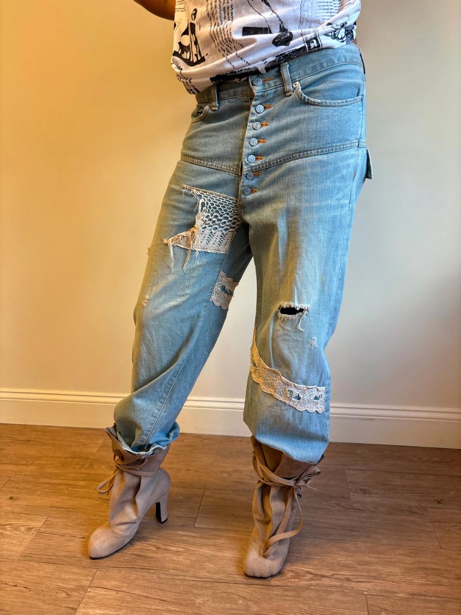 Sunao Kuwahara Lacey Distressed Denim Pants