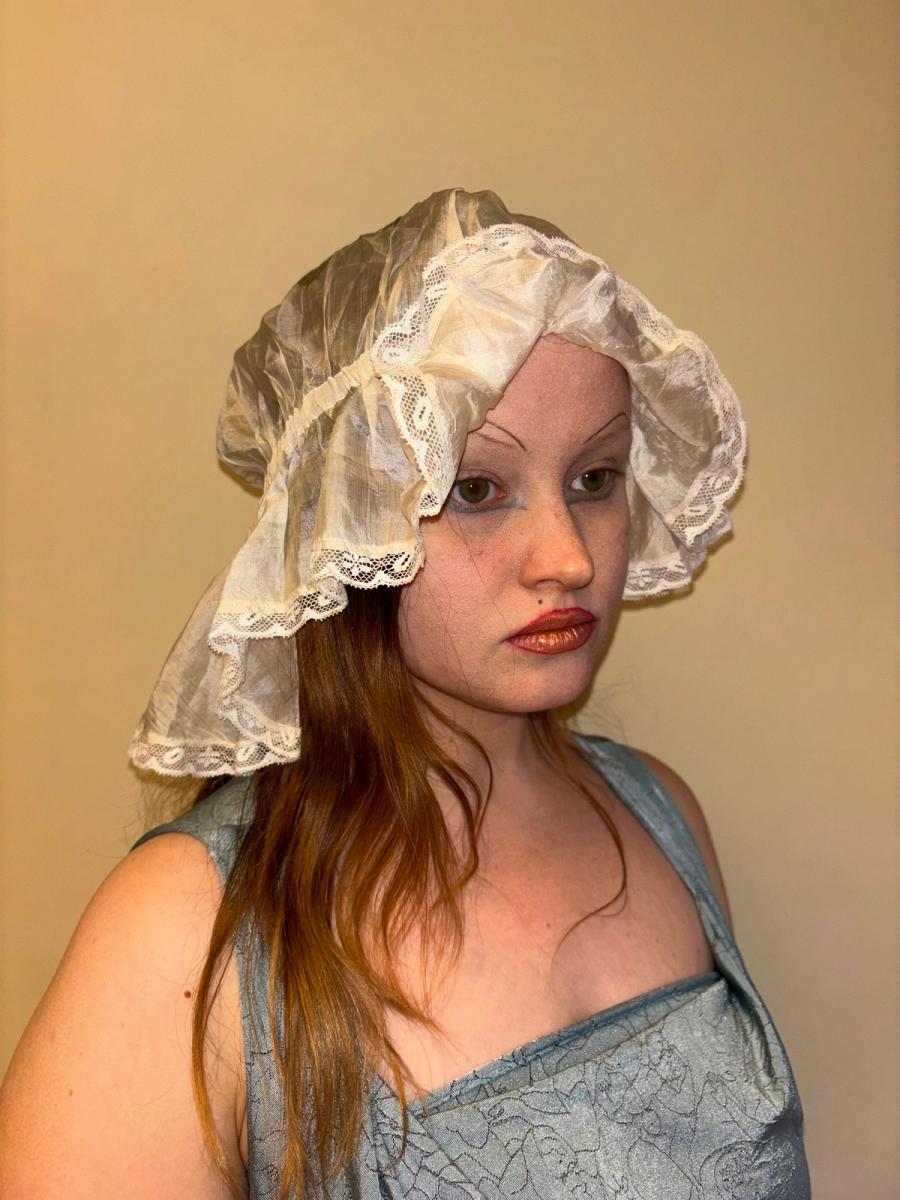 Antique Silk Sleeping Cap with Painted & Embroidered Rose product image