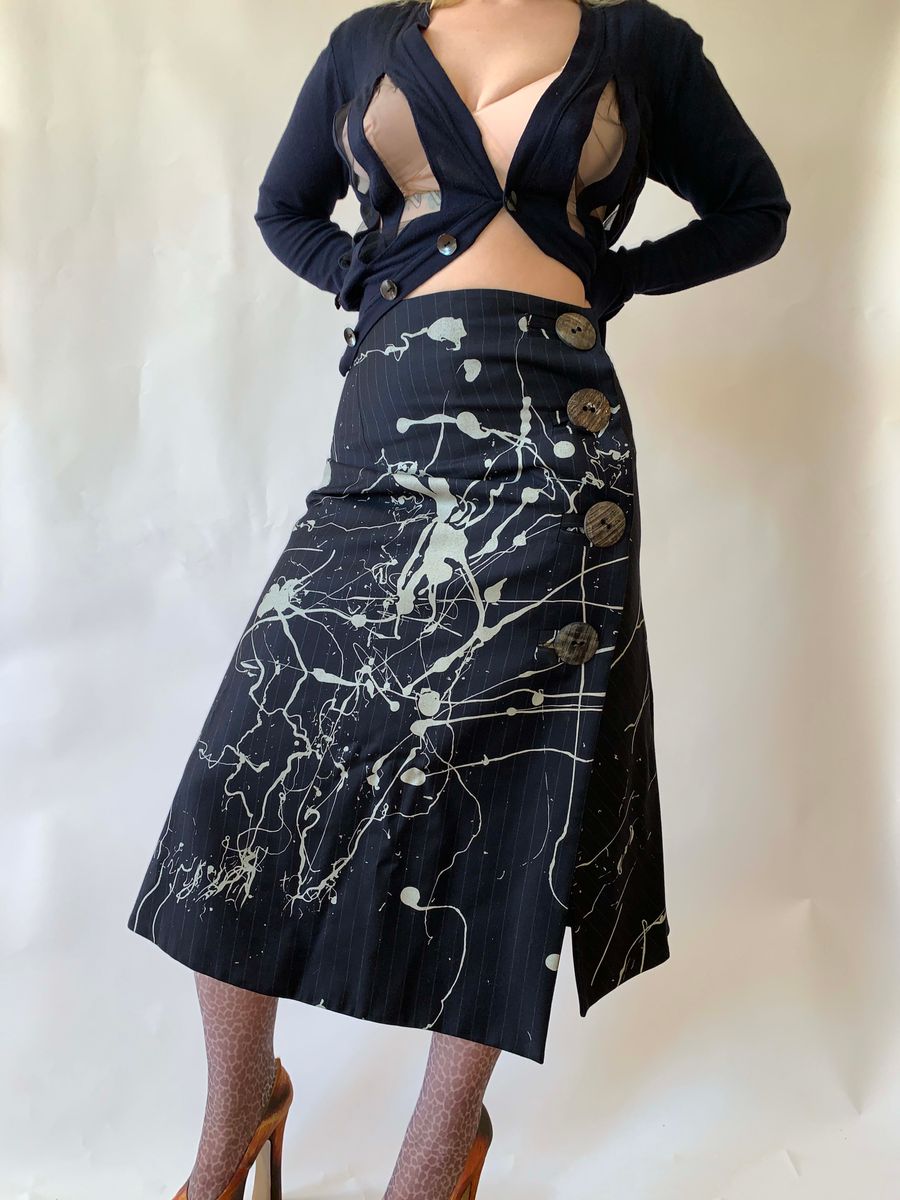 Vintage John Galliano Splatter Pinstripe Skirt w Giant Buttons product image
