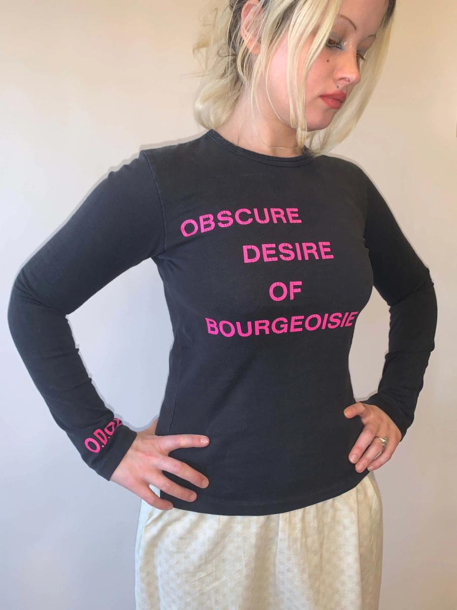 Obscure Desire of Bourgeoisie Pink Text Shirt