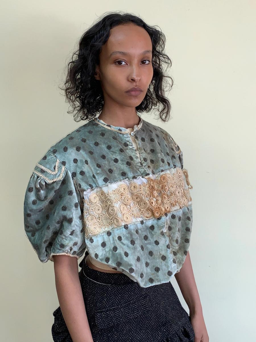 1890s Velveteen Teal Bodice with Balloon Sleeves product image