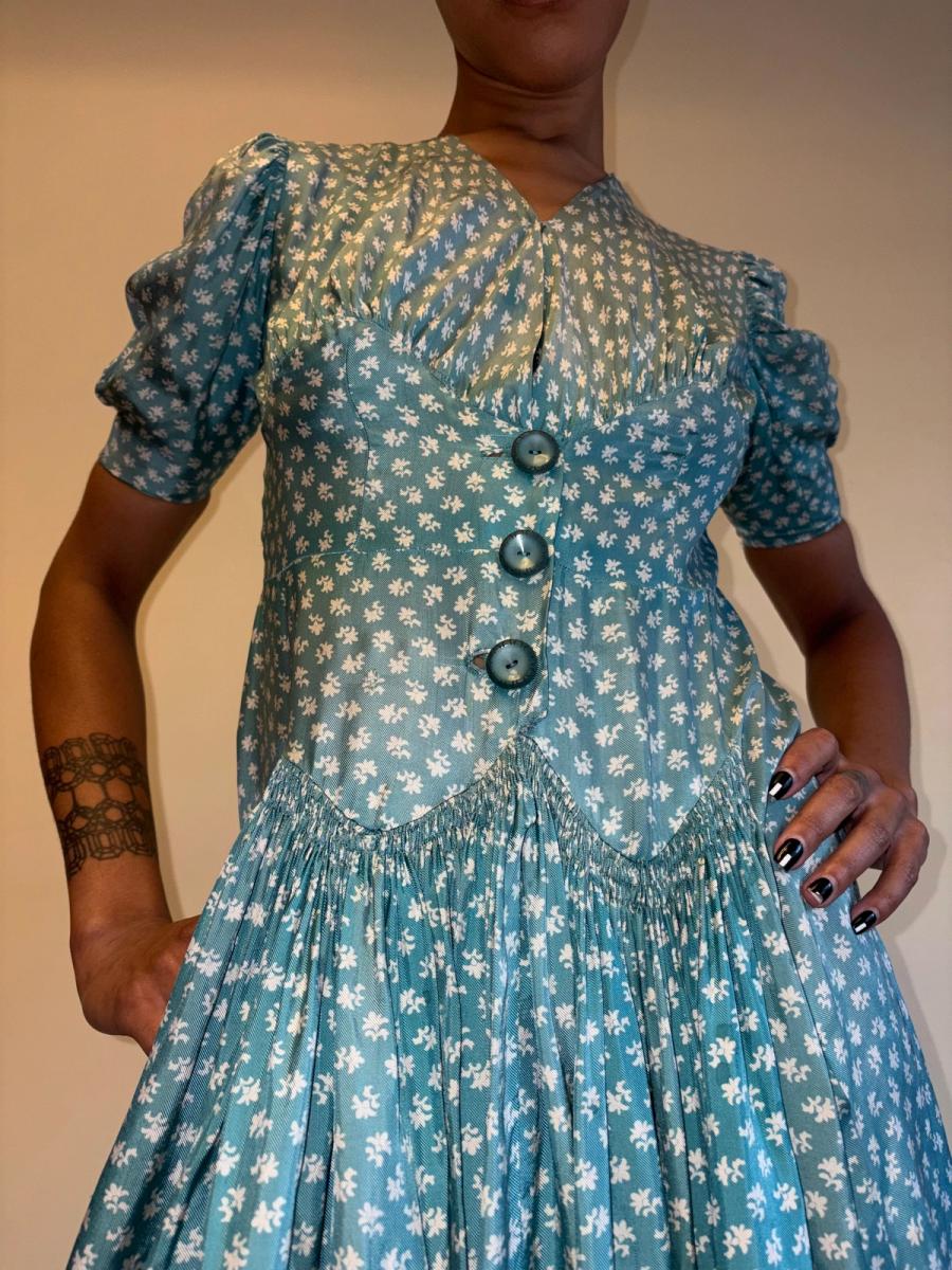 1940s Turquoise Floral Cold Rayon Dress product image
