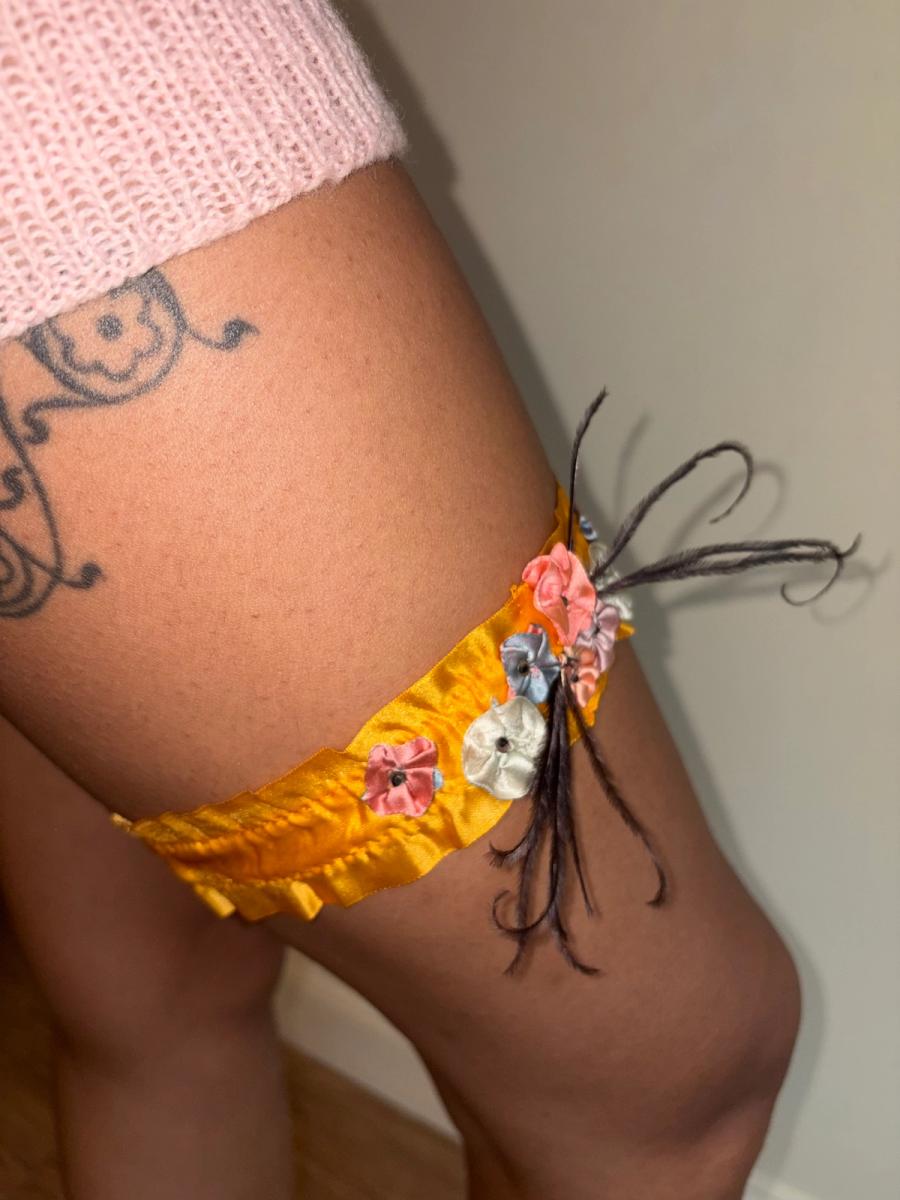 1920s Tangerine Silk Flower Garter with Feather  product image