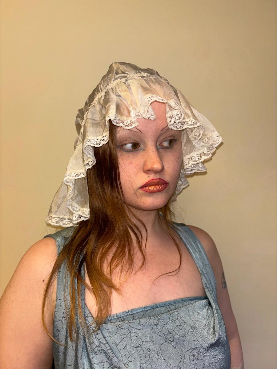 Antique Silk Sleeping Cap with Painted & Embroidered Rose  product image