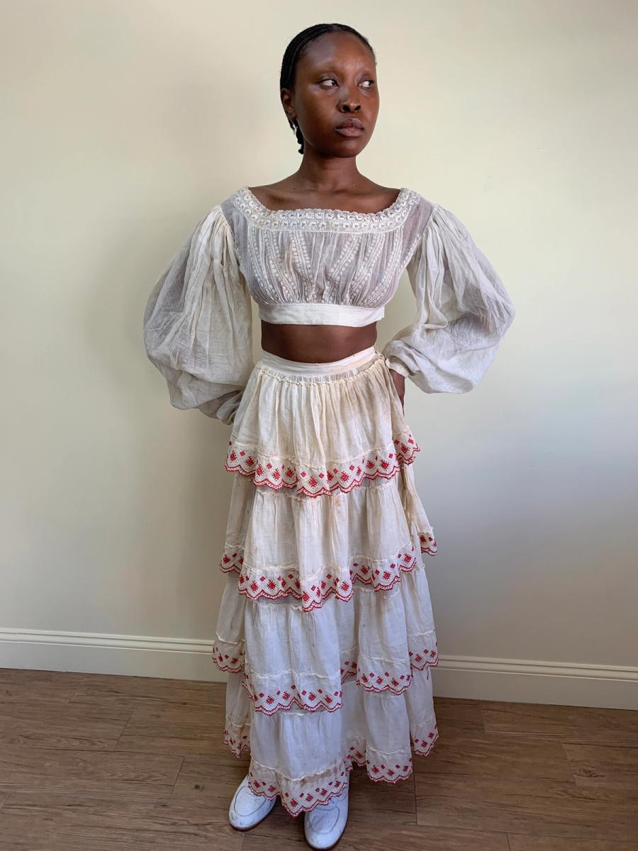 1880s Tiered Muslin Skirt with Embroidered Greek Key product image