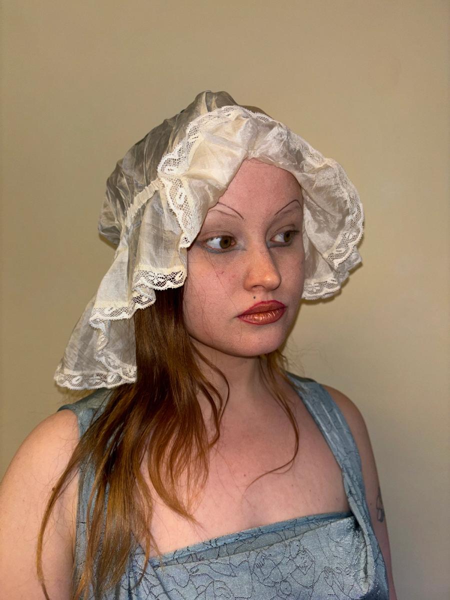 Antique Silk Sleeping Cap with Painted & Embroidered Rose  product image