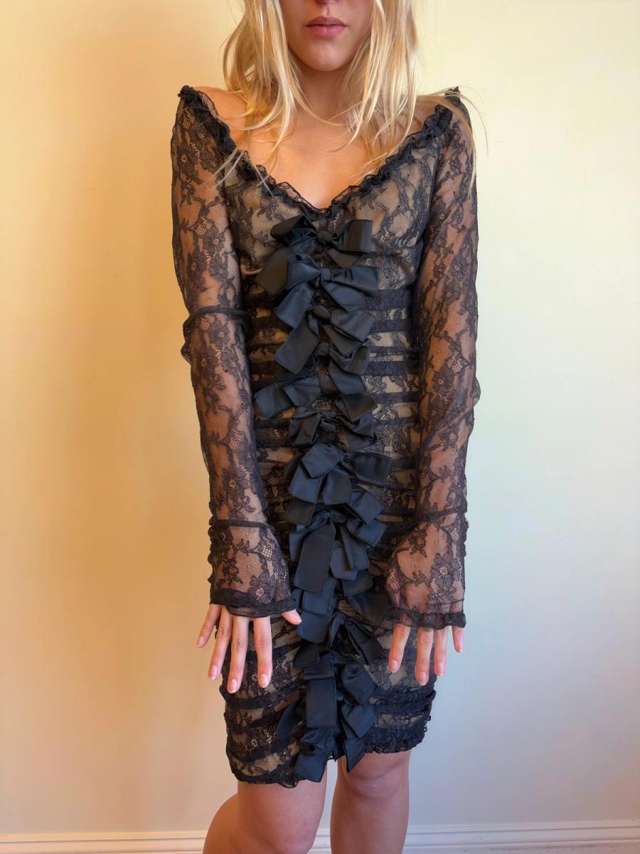 1980s Angelo Tarlazzi Lace Bow Nude Illusion Dress product image
