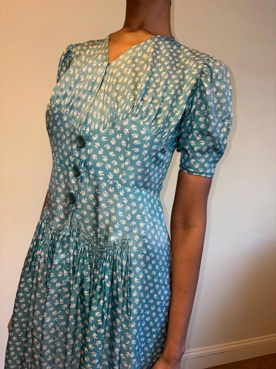 1940s Turquoise Floral Cold Rayon Dress product image