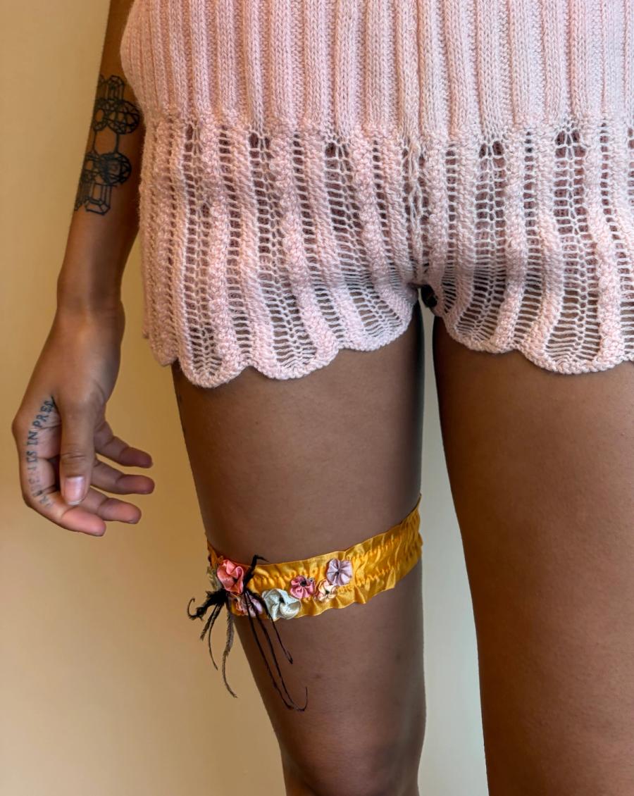1920s Tangerine Silk Flower Garter with Feather product image