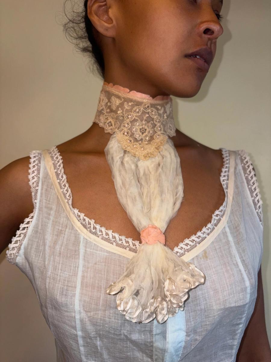 Antique Lace Collar With Beading and Silk Jabot  product image