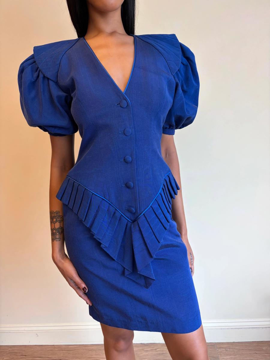 1980s Claude Petin Blue Moiré Dress product image