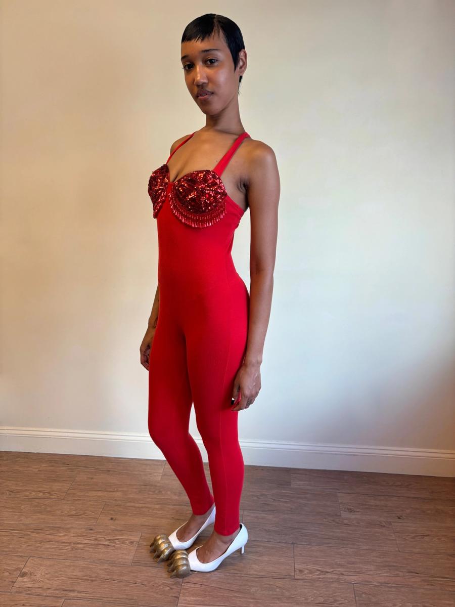 80s Red Beaded Fringe Leotard product image
