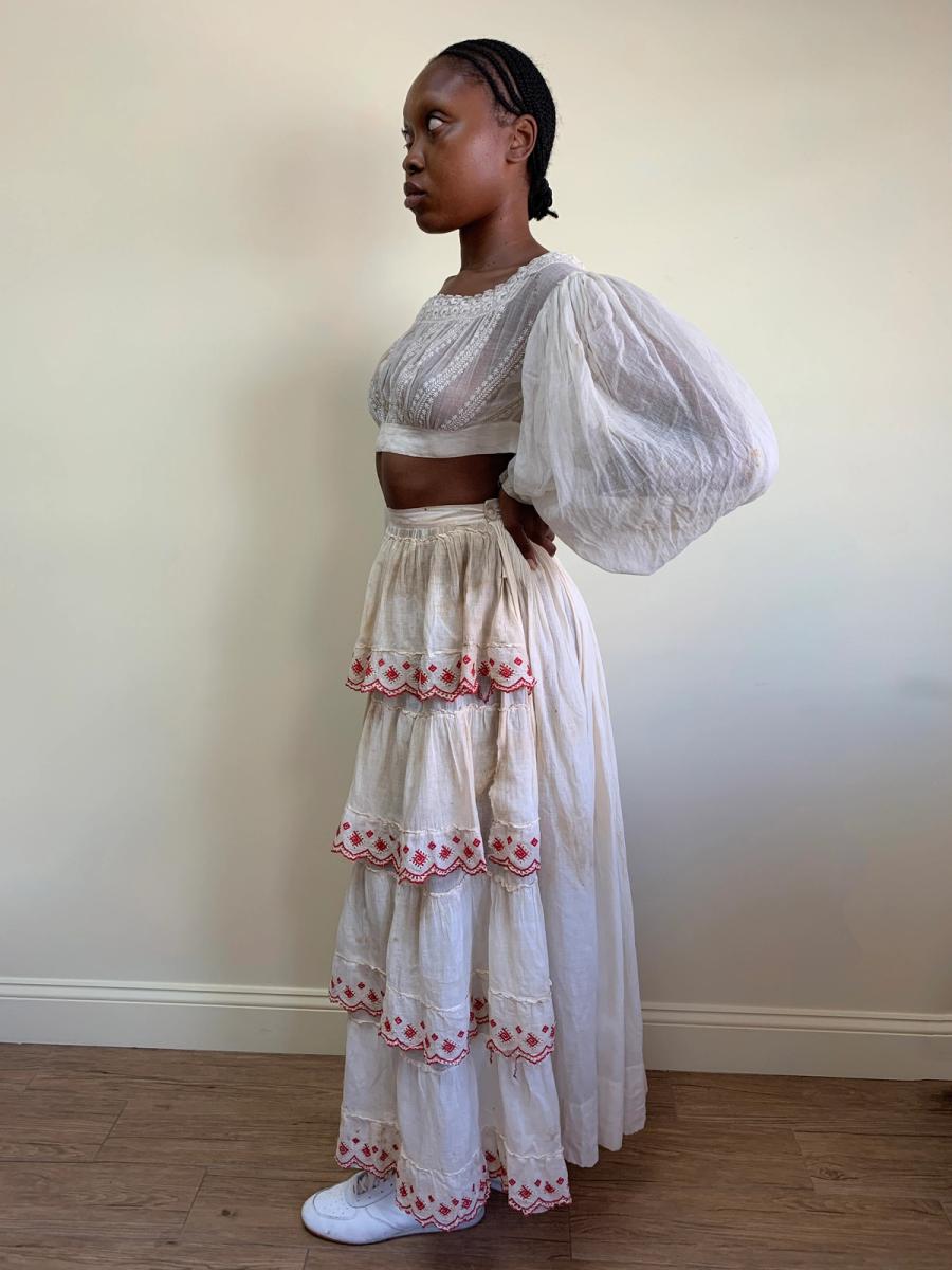 1880s Tiered Muslin Skirt with Embroidered Greek Key product image