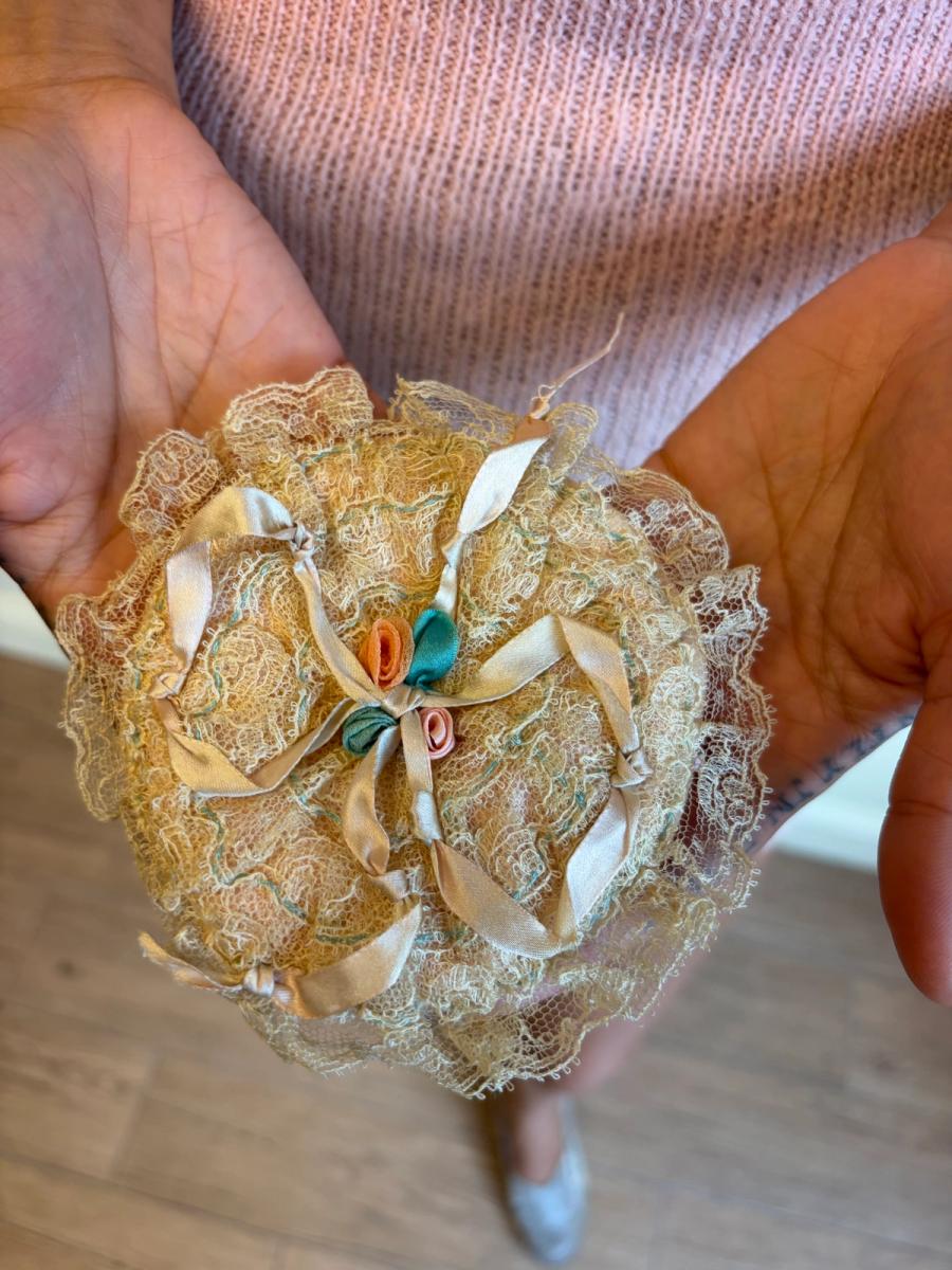 1920s Powder Pouf With Ecru Lace & Multicolor Flowers  product image
