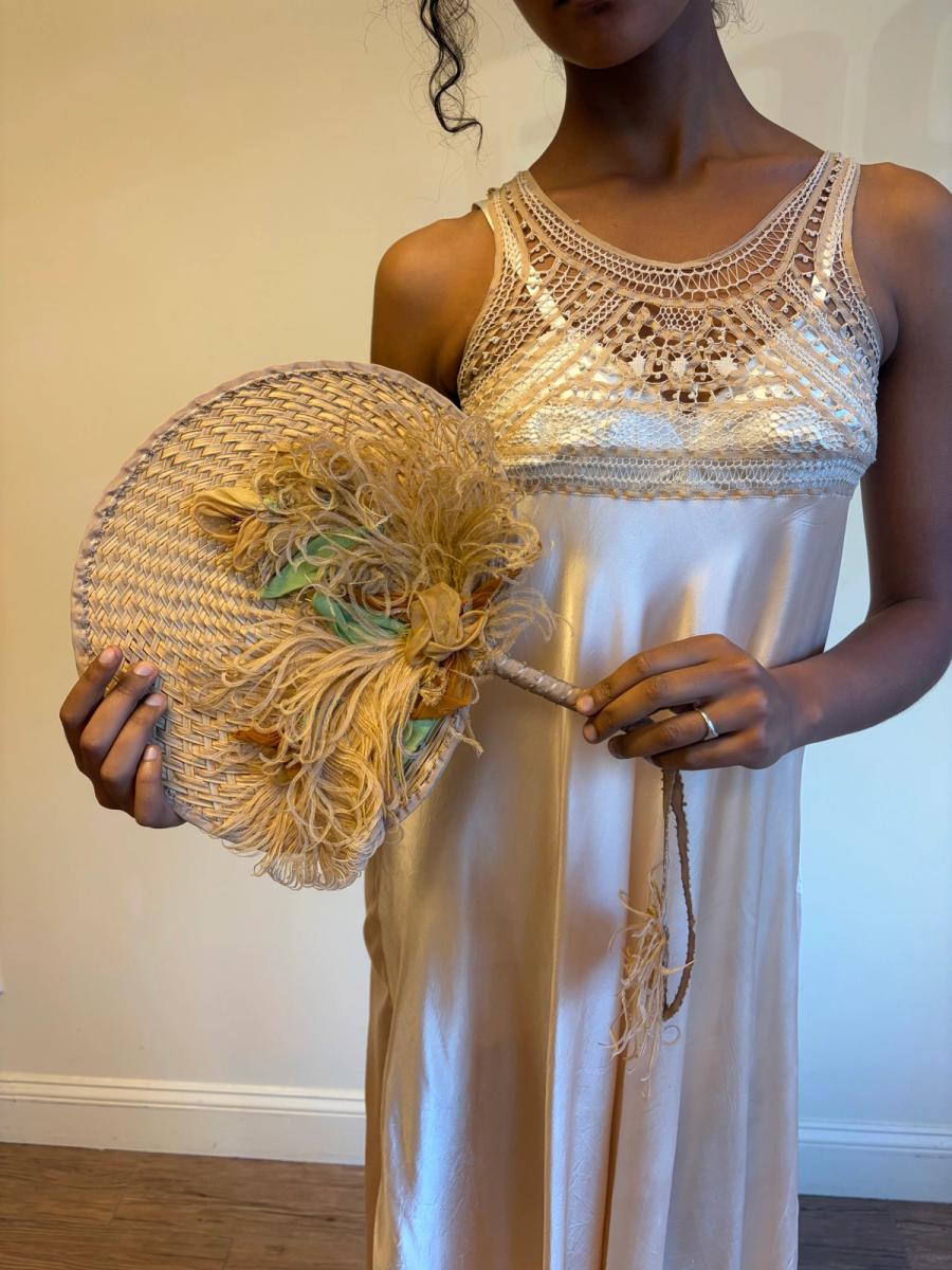 Antique Woven Straw Fan With Exquisite Feather Adornment  product image