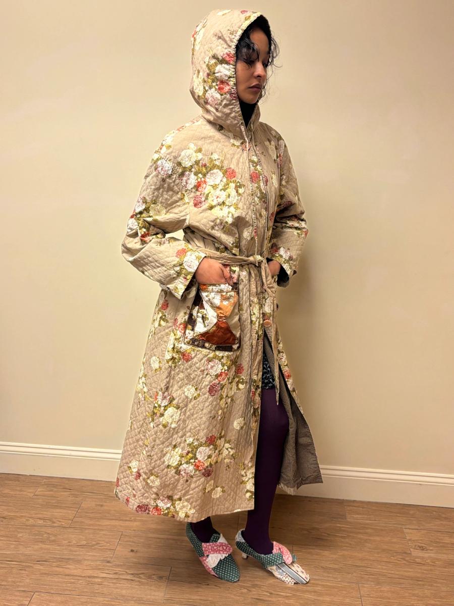 Kaneko Isao Quilted Robe Coat With Patchwork Pockets & Hood product image