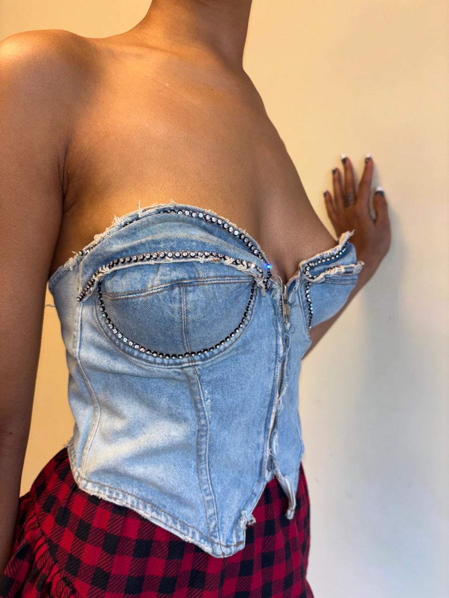 80s Katherine Hamnett Rhinestone Denim Bustier product image