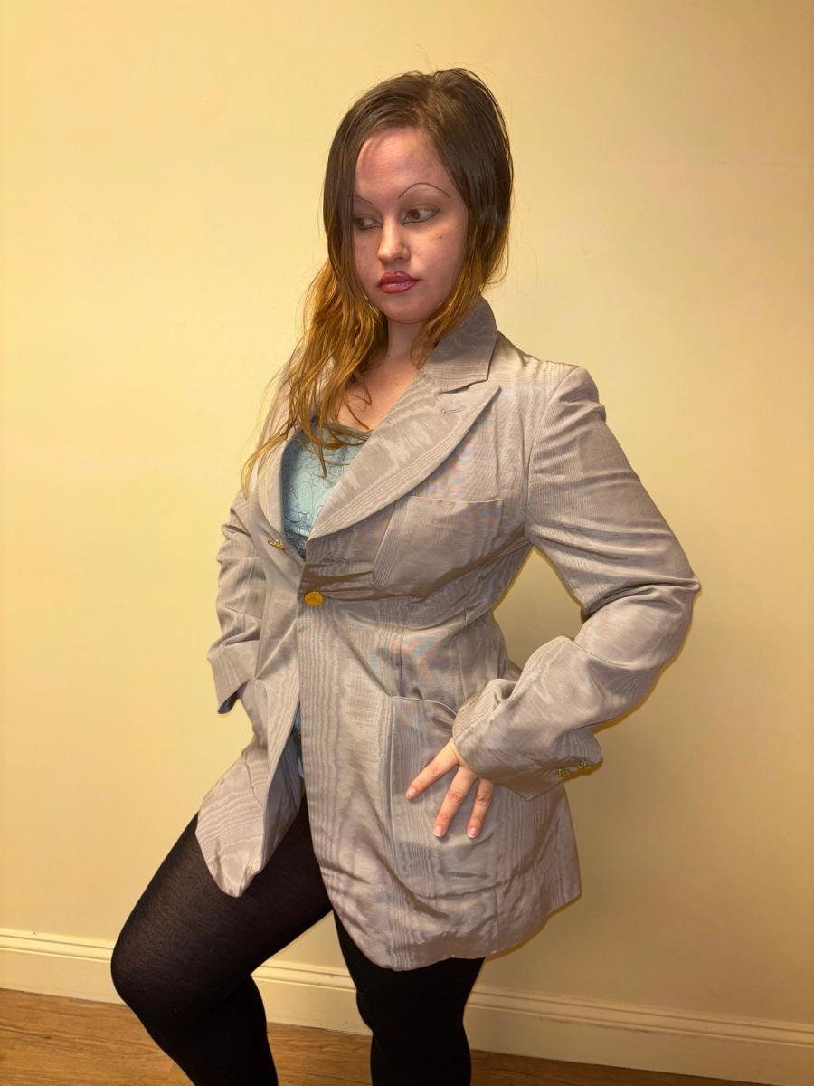 90s Westwood Lavender Moiré Jacket With Engraved Orb Buttons product image