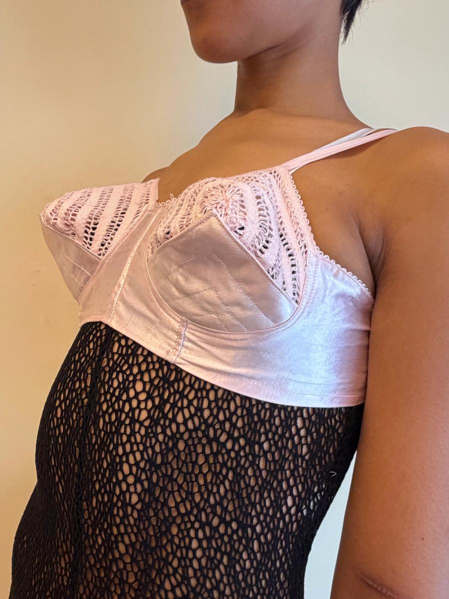 1940s-50s Pink Satin & Crocheted Bullet Bra  product image