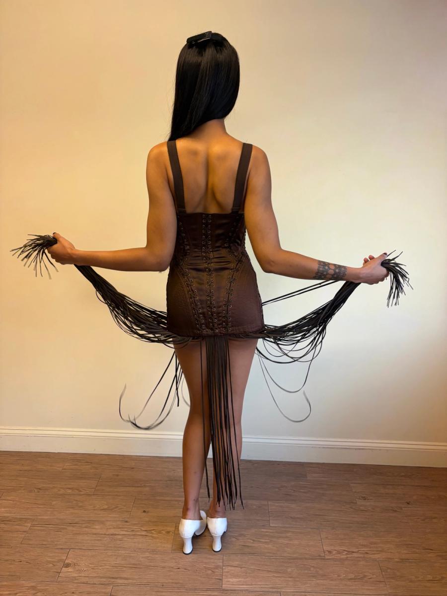1990 Gaultier Satin Cone Bra Girdle Dres with Lacing Fringe Hem product image