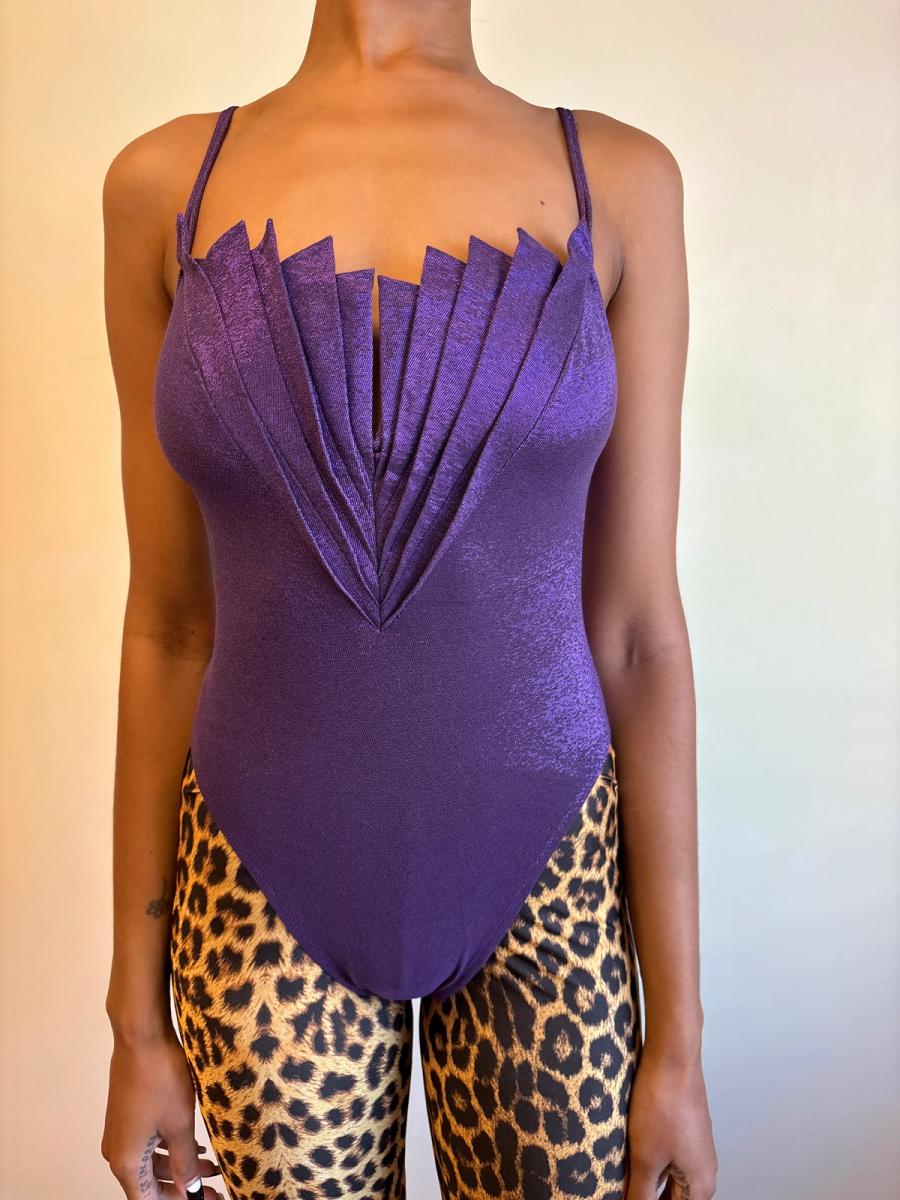 80s Nikos Apostolopoulos Purple Fan-pleated Bodysuit product image