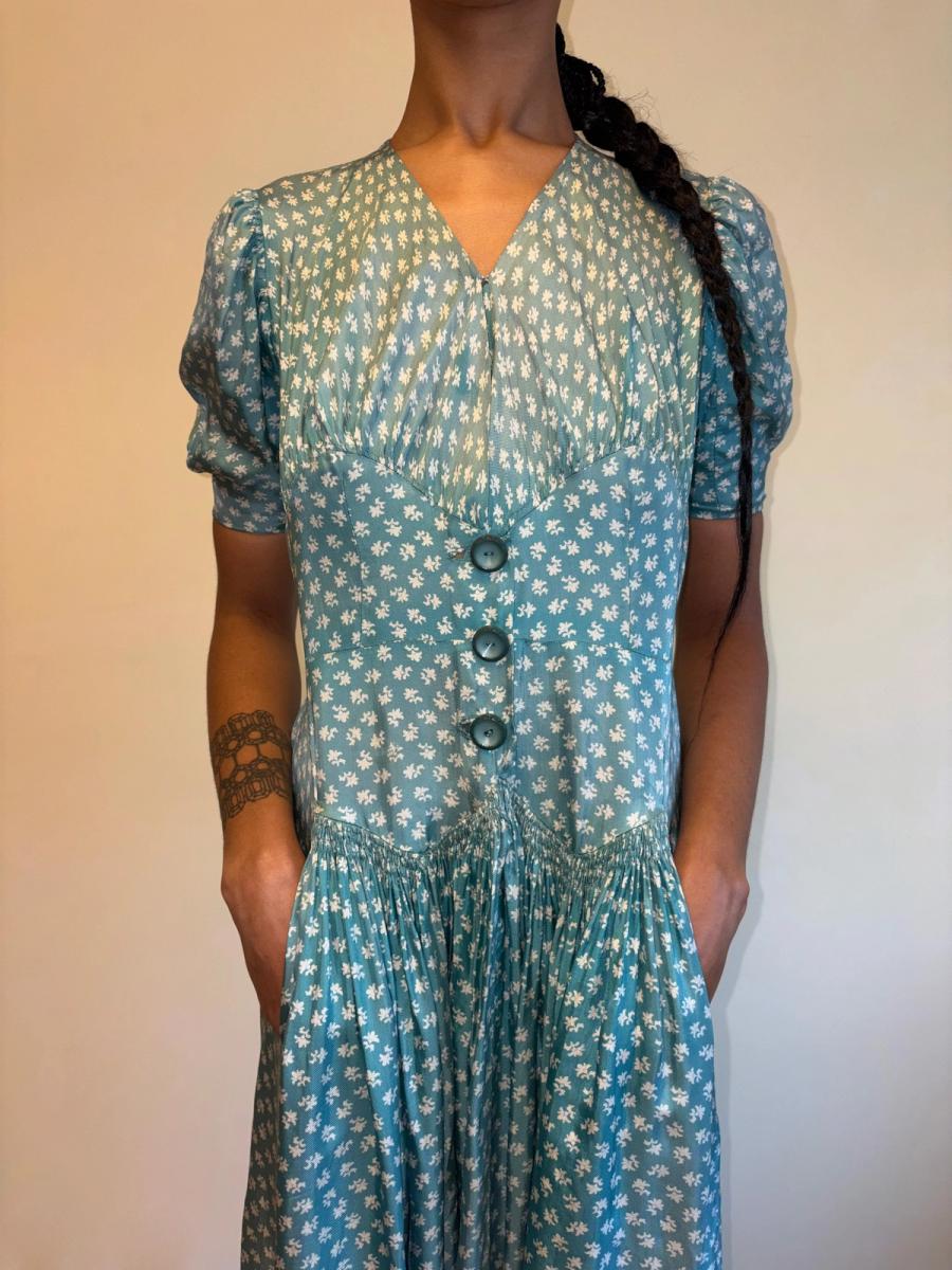 1940s Turquoise Floral Cold Rayon Dress product image