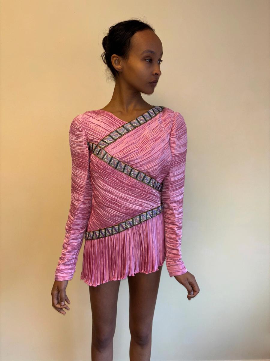 80s Mary McFadden Hot Pink Pleated Dress product image