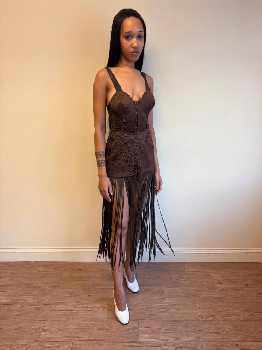 1990 Gaultier Satin Cone Bra Girdle Dres with Lacing Fringe Hem product image