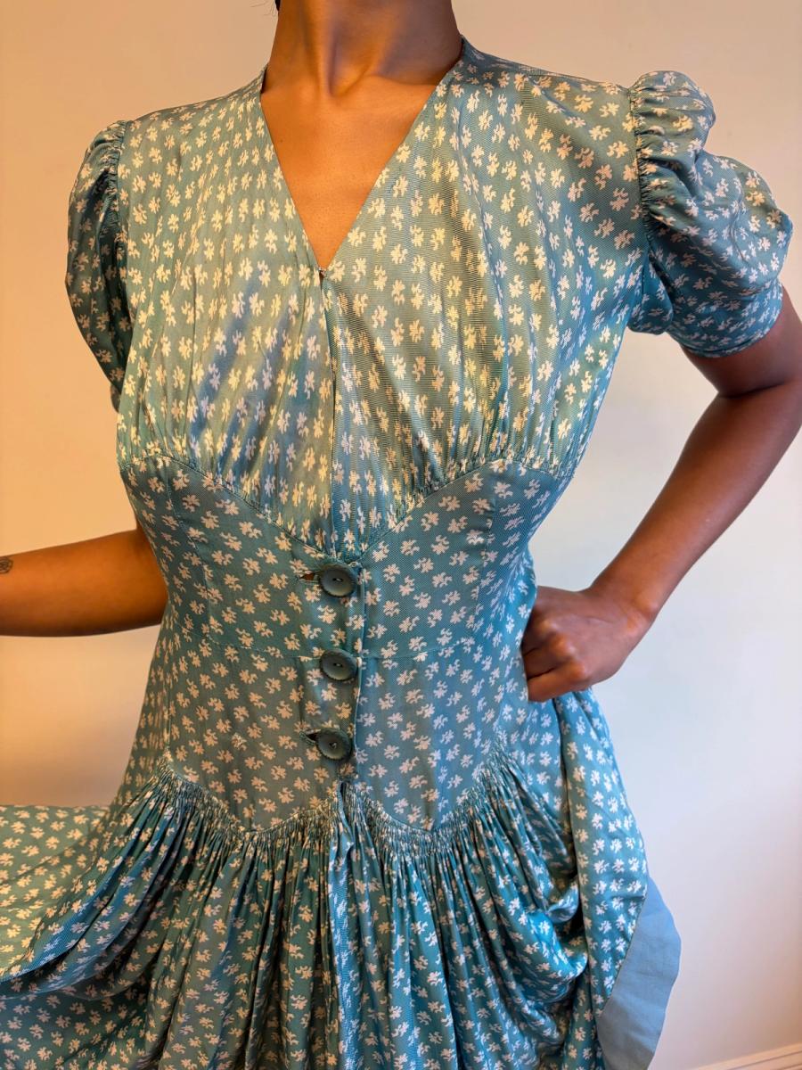 1940s Turquoise Floral Cold Rayon Dress product image