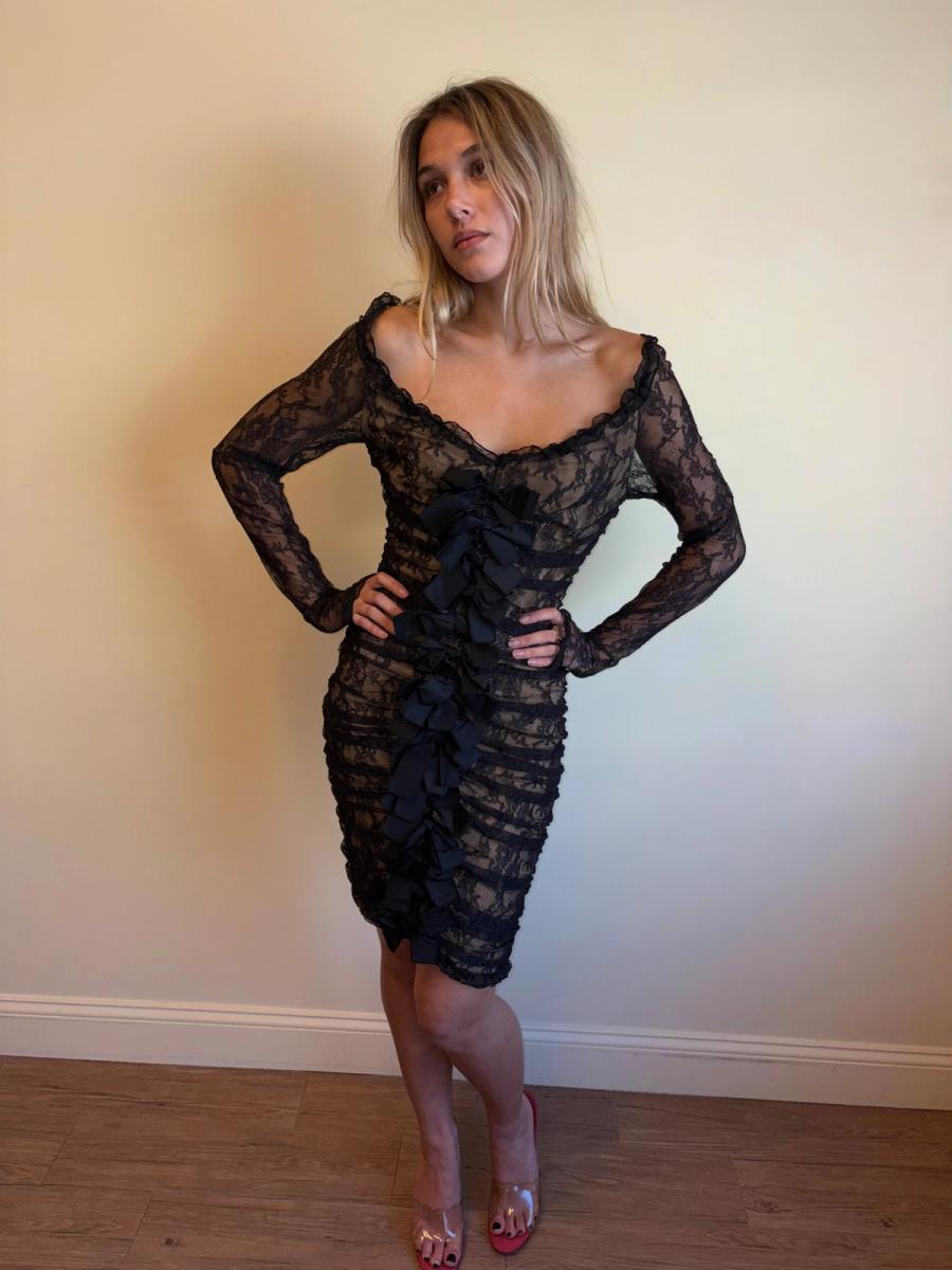 1980s Angelo Tarlazzi Lace Bow Nude Illusion Dress product image