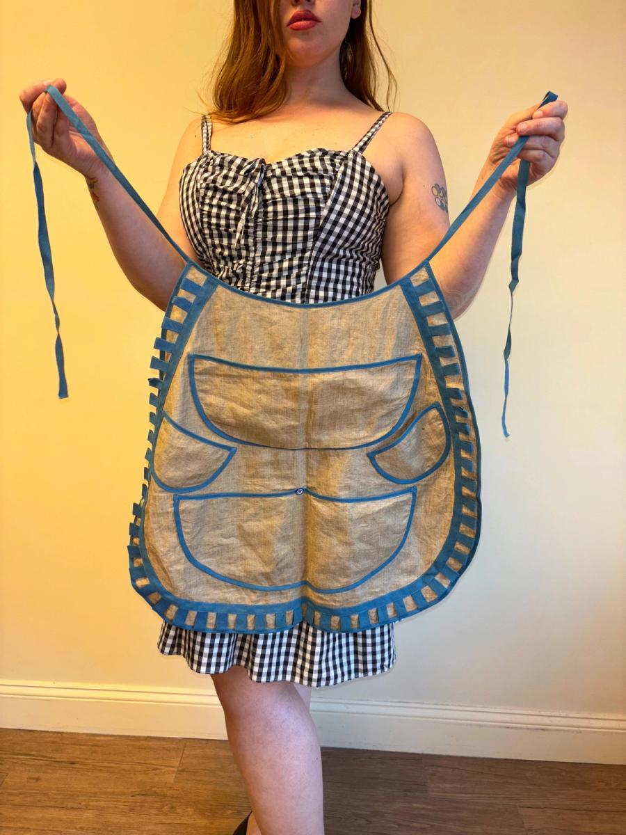 Victorian Natural Linen Apron with Blue Tape Detailing product image