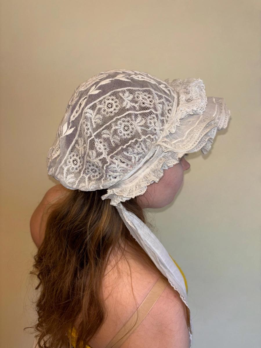 Antique French Embroidered Bonnet with Sashes product image