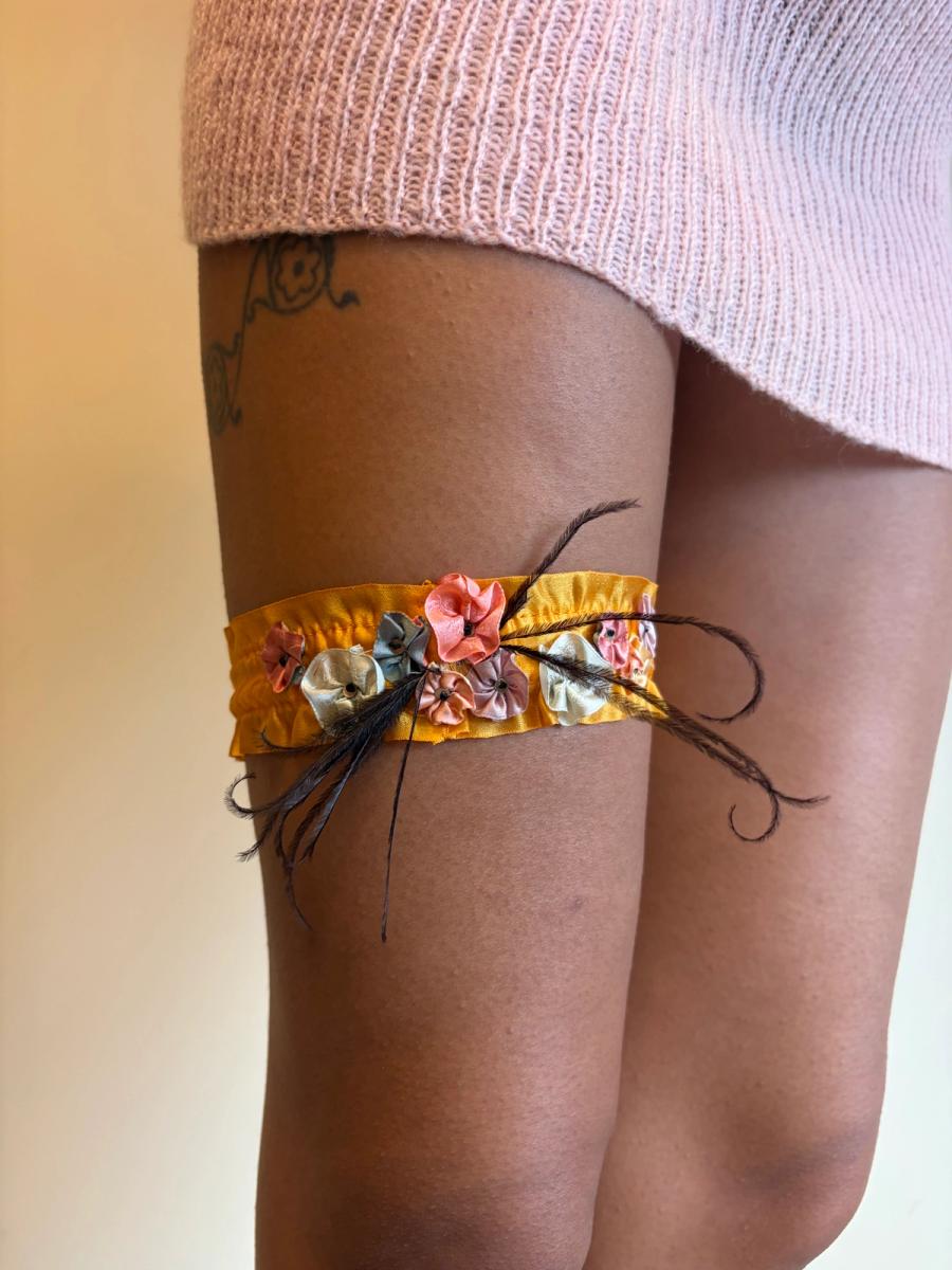 1920s Tangerine Silk Flower Garter with Feather  product image