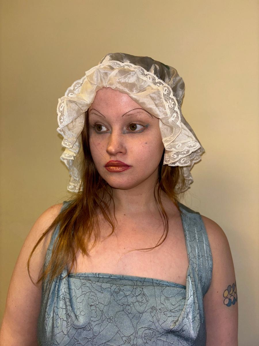 Antique Silk Sleeping Cap with Painted & Embroidered Rose  product image