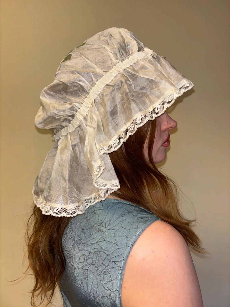 Antique Silk Sleeping Cap with Painted & Embroidered Rose  product image