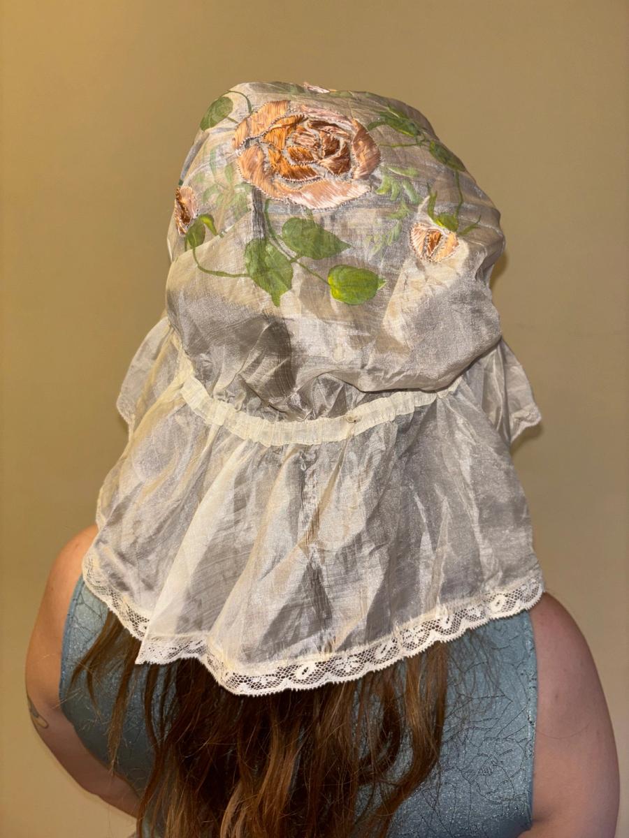 Antique Silk Sleeping Cap with Painted & Embroidered Rose  product image