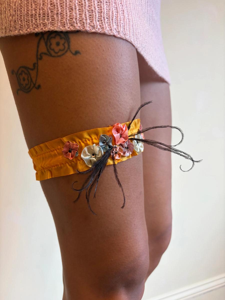 1920s Tangerine Silk Flower Garter with Feather product image