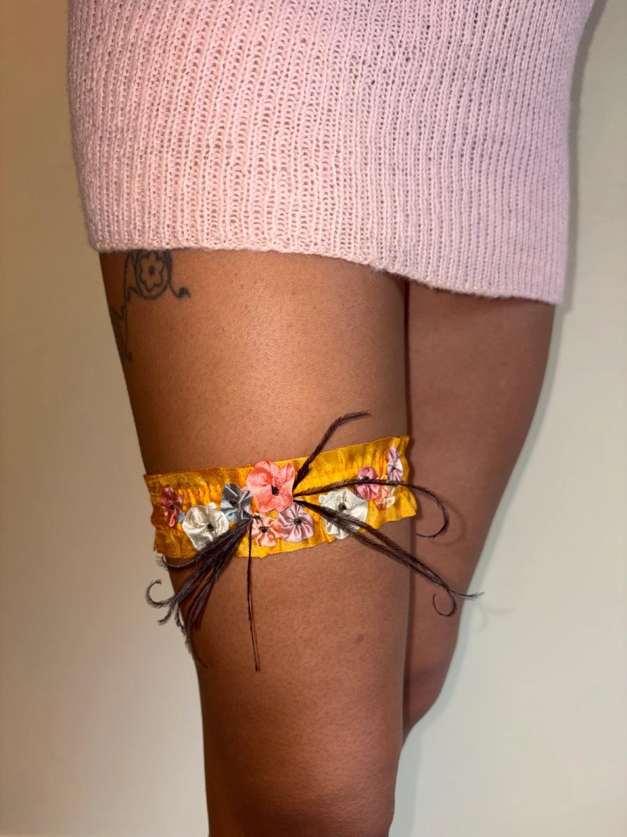 1920s Tangerine Silk Flower Garter with Feather product image