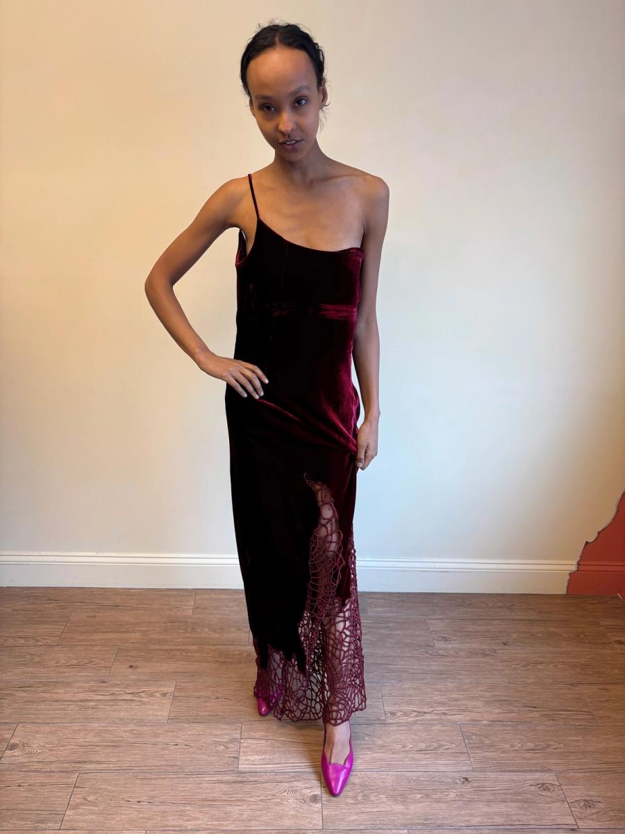 90s Laetitia Hecht Red Velvet Cobweb Gown product image