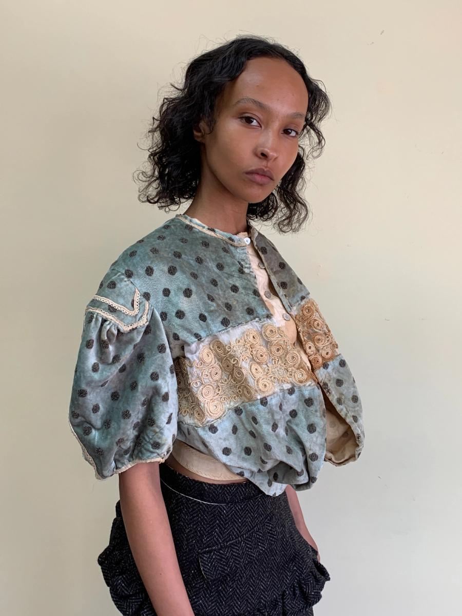 1890s Velveteen Teal Bodice with Balloon Sleeves product image