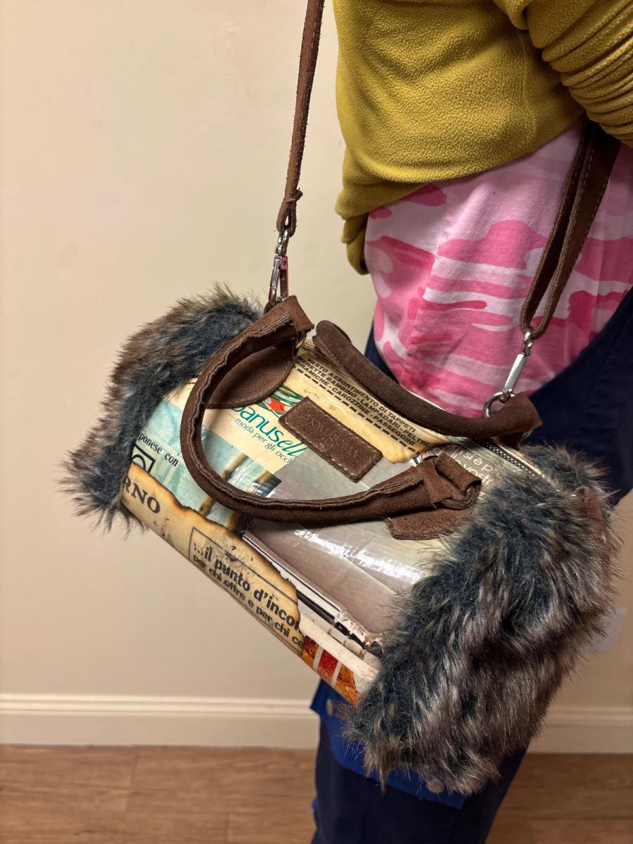 Newsprint and Faux Fur Italian Purse product image