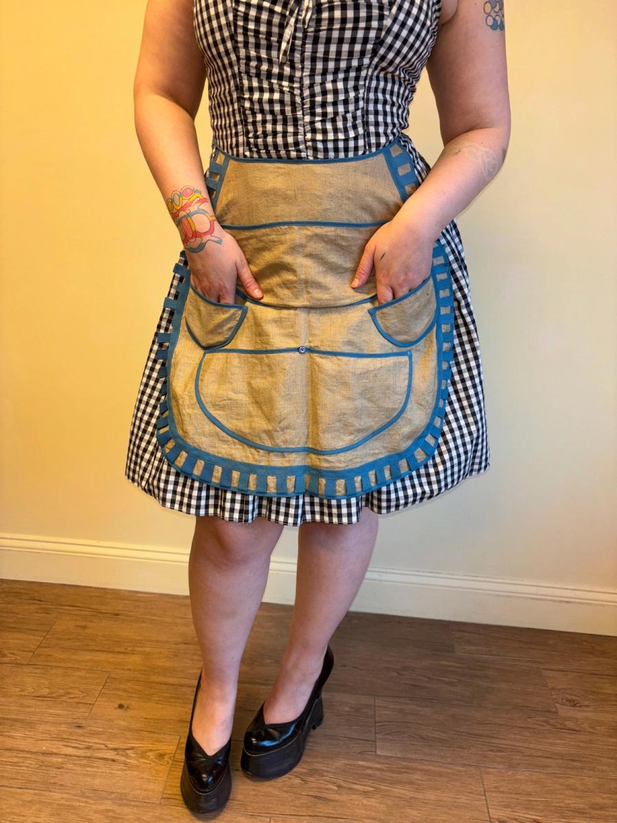 Victorian Natural Linen Apron with Blue Tape Detailing product image