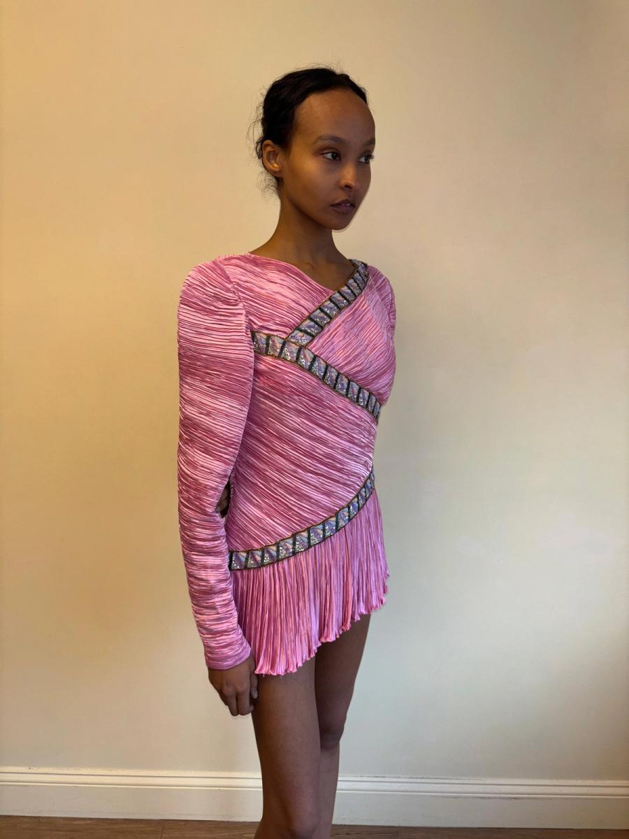 80s Mary McFadden Hot Pink Pleated Dress product image