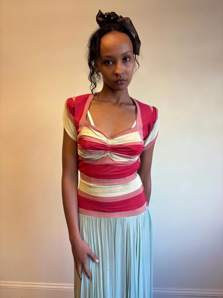 1940s Striped Knit Dress with Chiffon Skirt  product image