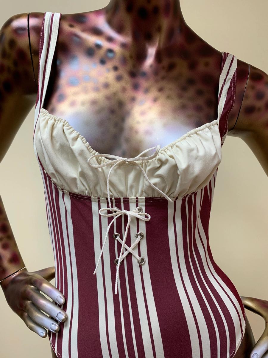 Chantal Thomass Striped Hi-Cut Bodysuit With Cinching Neckline product image