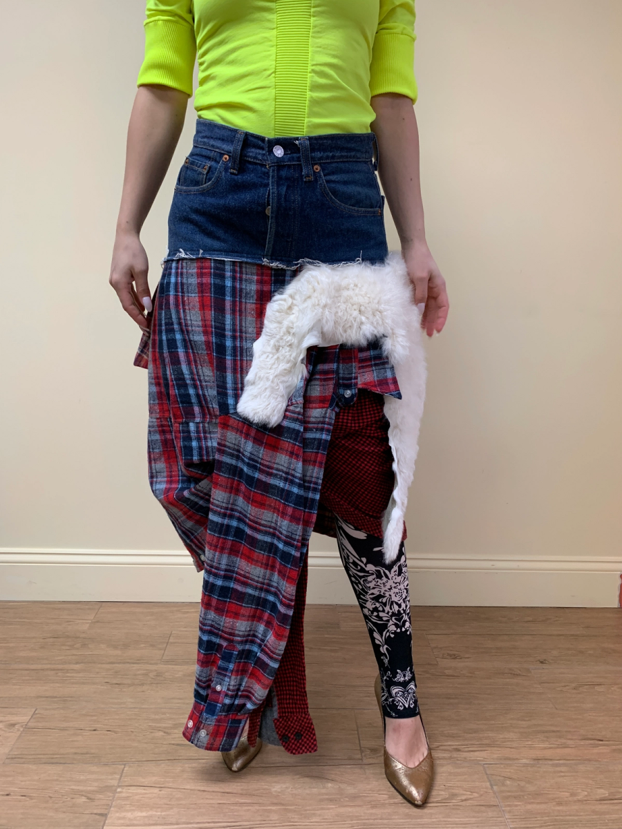 Tomoki Yurita Patchwork Skirt with Plaid Denim and Shearling product image