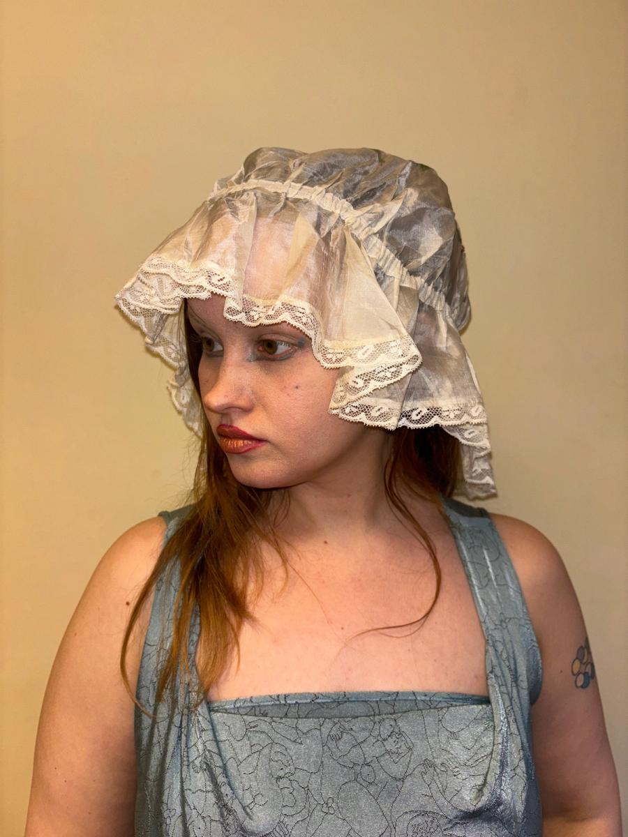 Antique Silk Sleeping Cap with Painted & Embroidered Rose product image