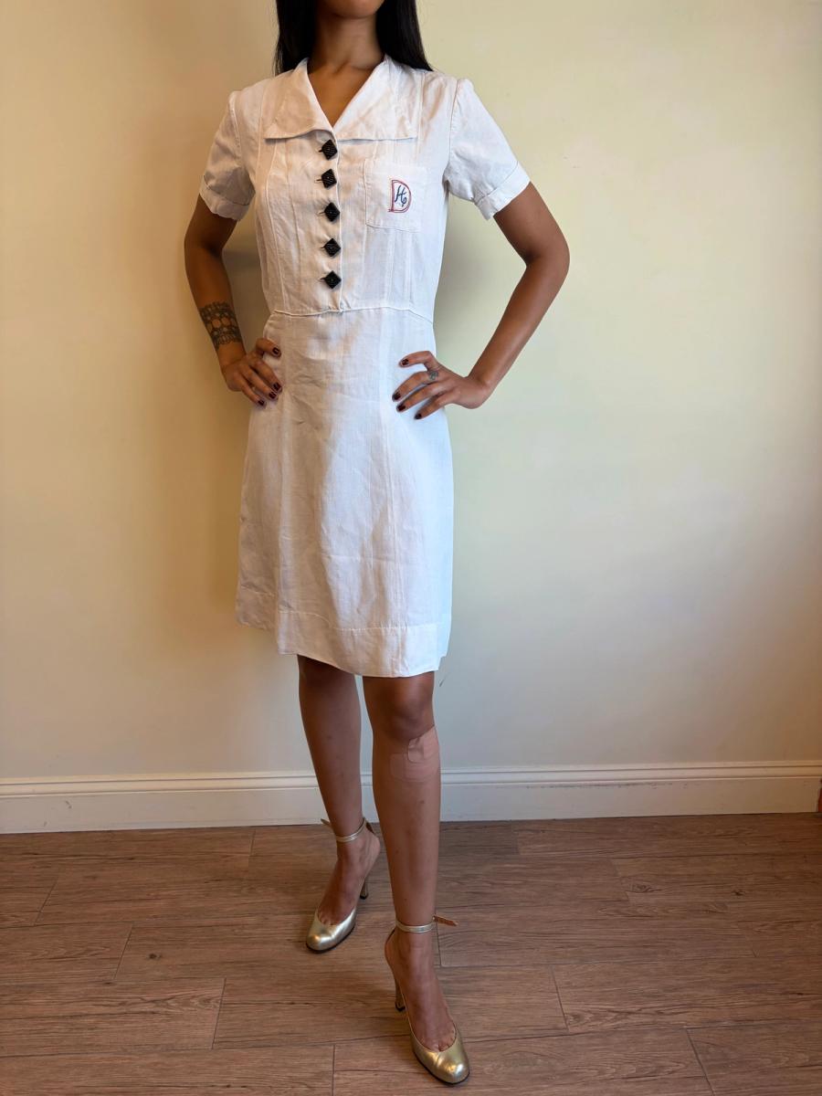 1940 French "Restriction Era" Linen Monogram Dress  product image
