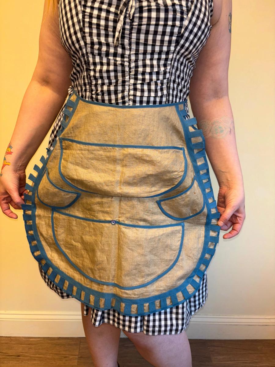 Victorian Natural Linen Apron with Blue Tape Detailing product image