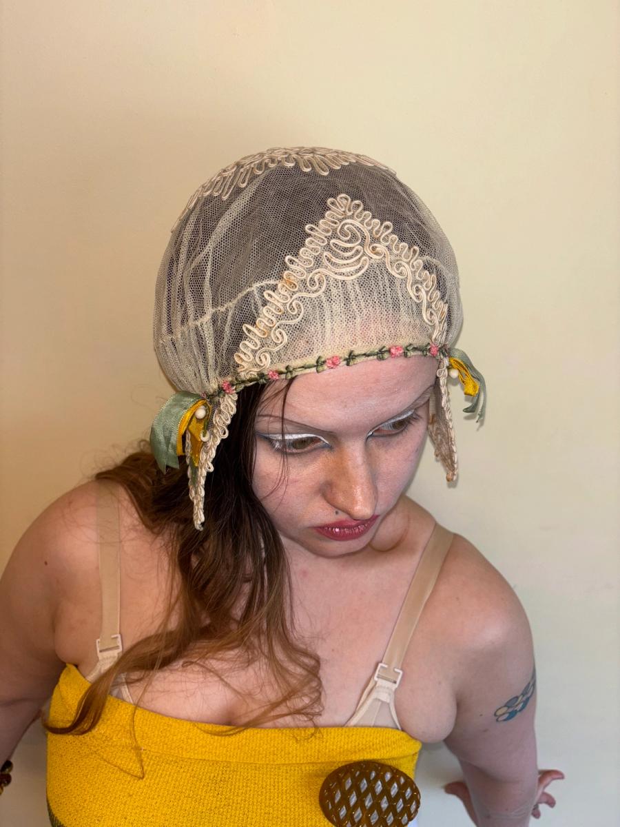 1920s French Bonnet with Yellow Ribbon product image